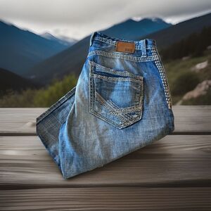 BKE Buckle Tyler Jean Shorts Mens Size 33 Blue Denim Embroidered Light Wash 12"